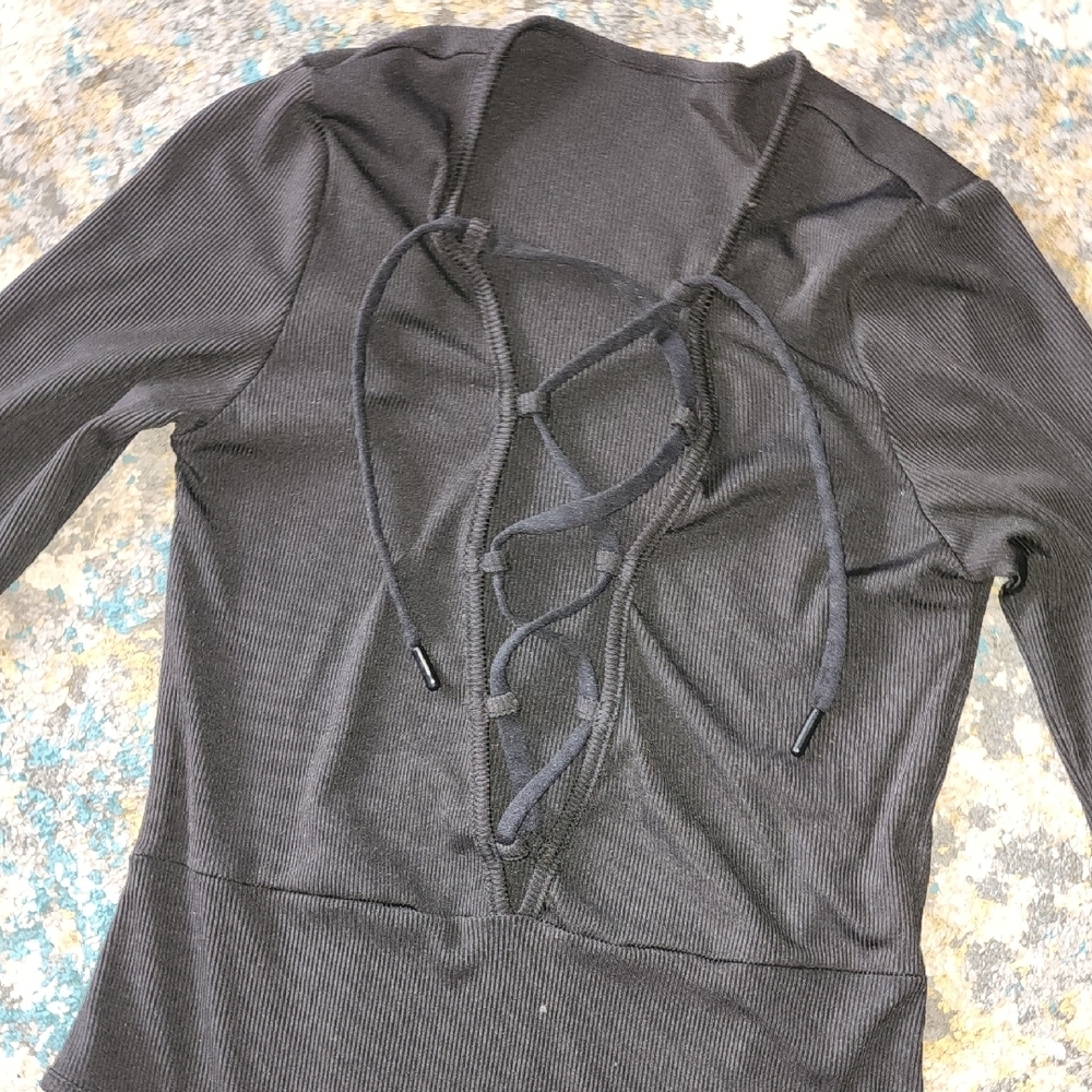 New Elegant Sezy Black Front Lace-Up Bodysuit Size Large - Picture 5 of 7